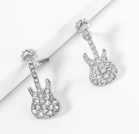Silver Crystal Stone Paved Guitar Stud Earrings