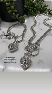 Silver locket charm necklace and bracelet set