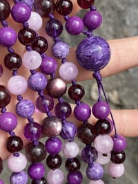 Image 3 of Mixed Purple Gemstone Mala, Gem Lepidolite Amethyst Charoite Phosphosiderite Kunzite Purple Garnet