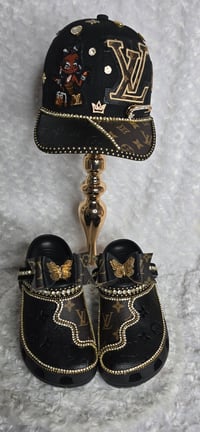 Image 1 of Black & Classic Brown Crocs with Hat