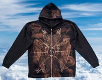 Image 1 of “TWO BECOME ONE” CUSTOM BLEACH PAINTED ZIP UP HOODIE XL