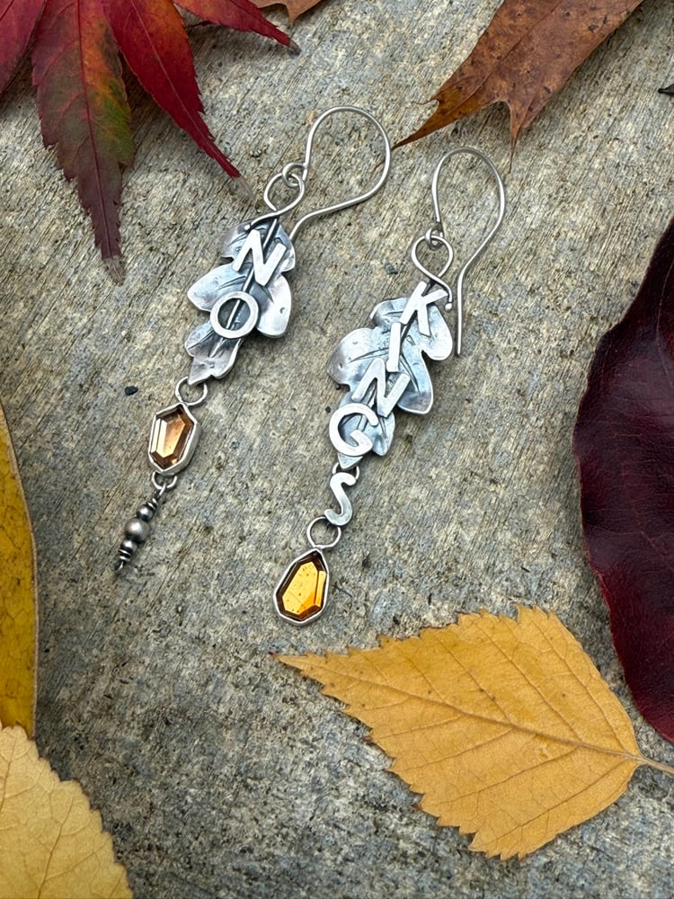 Image of White Oak Leaf Zircon "No Kings" Mismatch/Asymmetrical Dangle Earrings