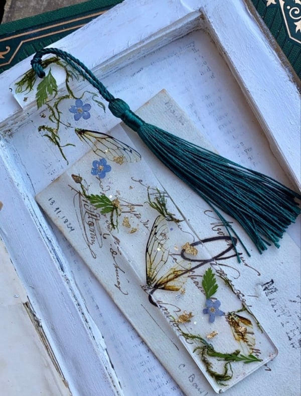 Image of Encapsulated Faerie Wing And Moss Resin Bookmark