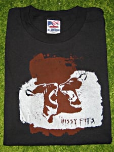 Image of the hissy fits "two lions" black t-shirt, white-rust