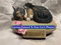 Image 1 of Custom Engraved Sleeping Cat Kitty On Pillow Urn Pet Memorial Portrait Angel Wings
