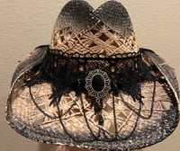 Image 1 of 2 Tone Brown/Black Cowboy Hat Black Lace and Stone Band 