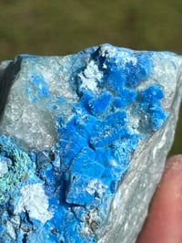 Image 3 of Cyanotrichite On Green Fluorite Matrix Specimen | Guizhou China #2924