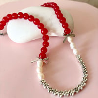 Image 4 of Red Glass, Pearl and Flowers One of a Kind Necklace