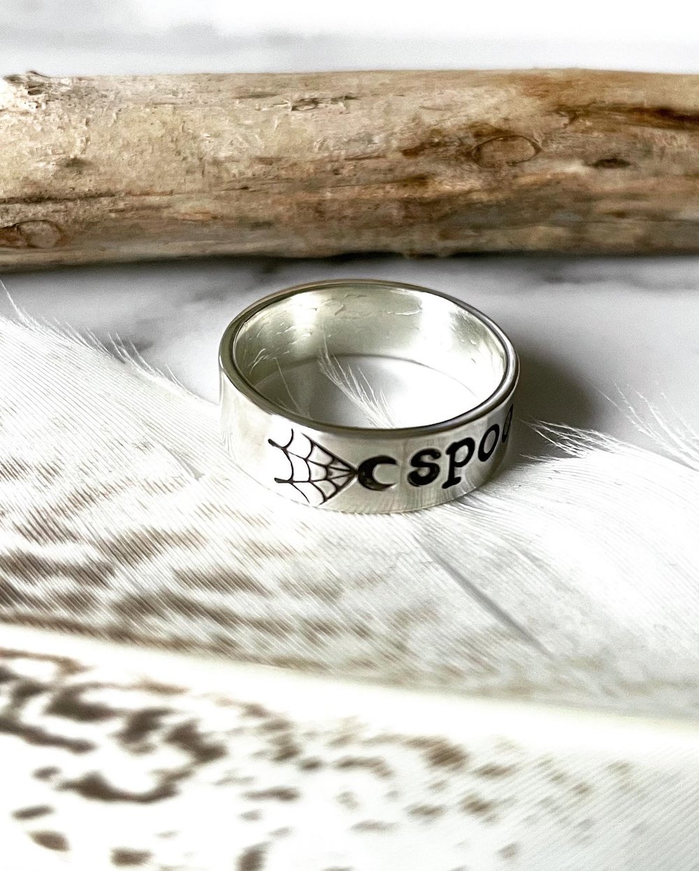 Sterling Silver Spooky Crescent Moon Spiderweb Ring 925