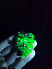 Image 4 of Drippy UV variegated monstera leaf with ladybug pendant. 🐞🌿