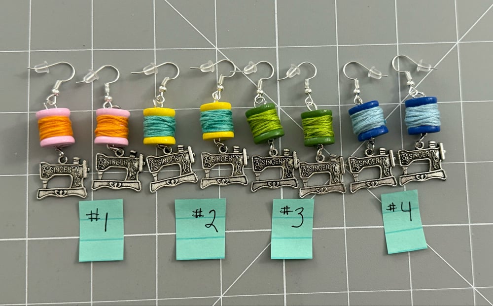 Image of Mini Thread Spool Sewing Machine Earrings
