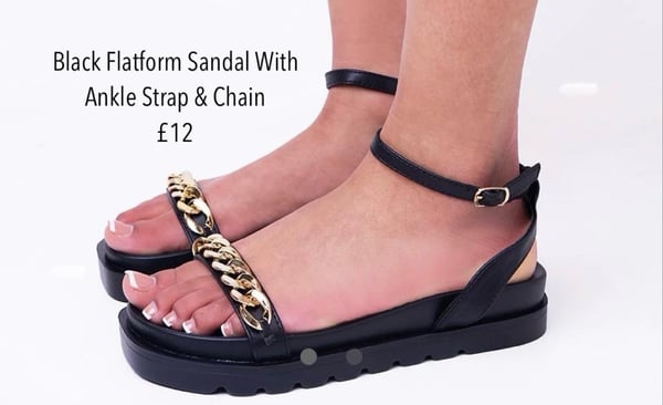 Image of Black Flatform Sandal With Ankle Strap & Chain Detail