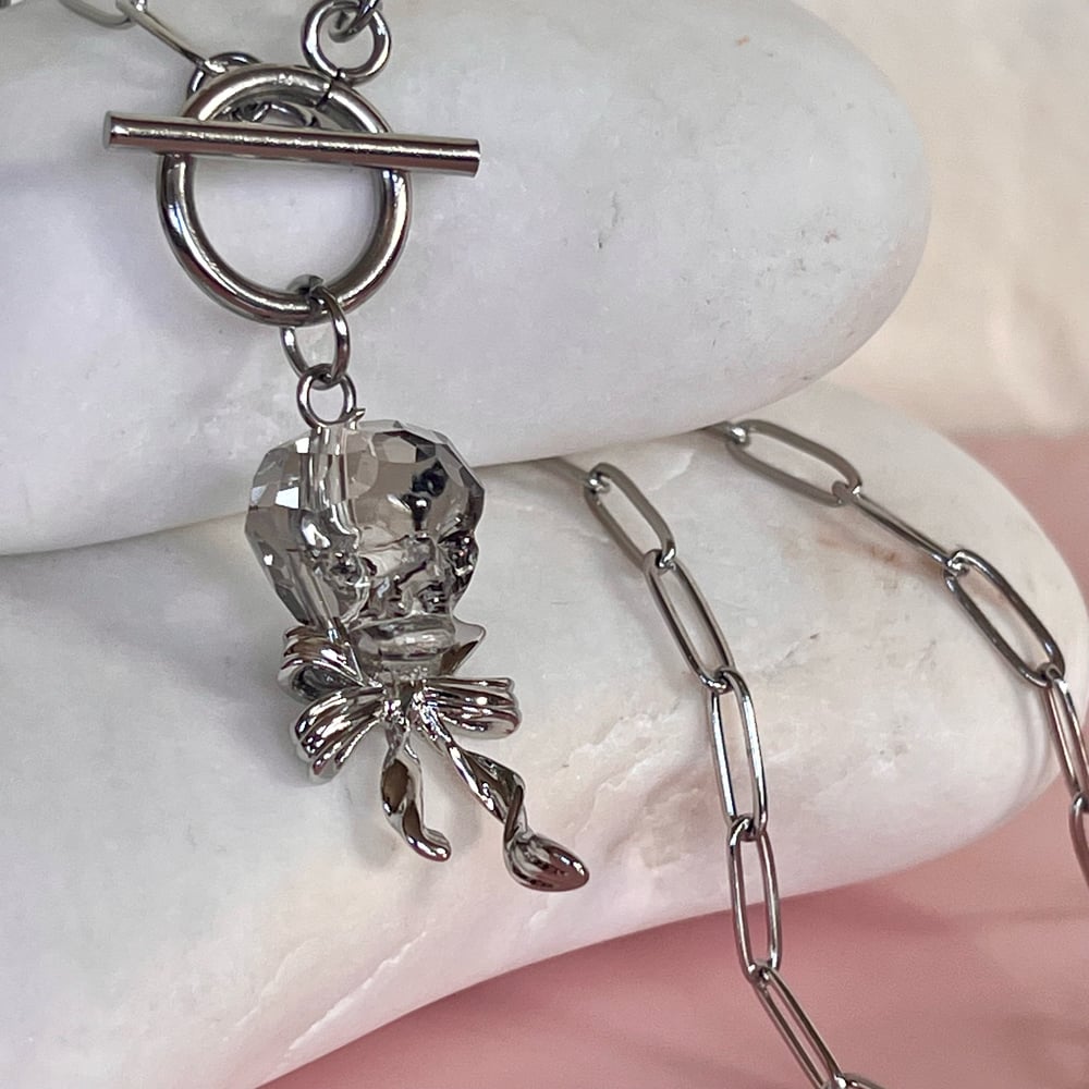 Image of Glass Skull and Bow on Paperclip Chain Silver