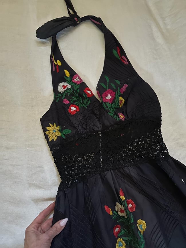1970s cotton hand embroidered black halter maxi dress sundress mexican pintuck