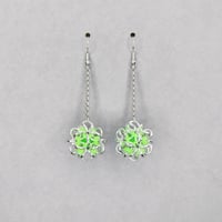 Image 2 of Neon Green + Silver Dodecahedron Earrings