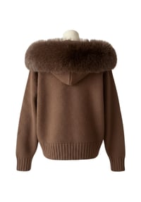 Image 3 of brown knit cardigan with fox fur collar 
