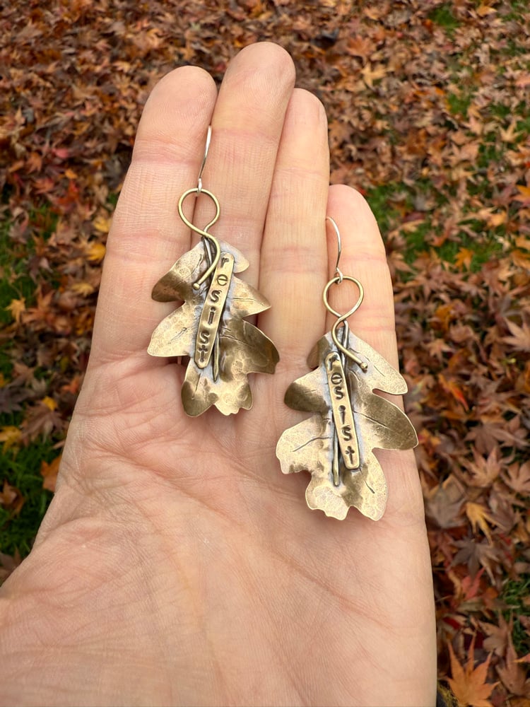 Image of Brass Oak Leaf "Resist" Earrings