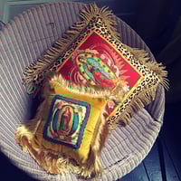 Image 13 of Leopard print fabric and red virgin of Guadalupe cushion cover with gold fringe or black fringe