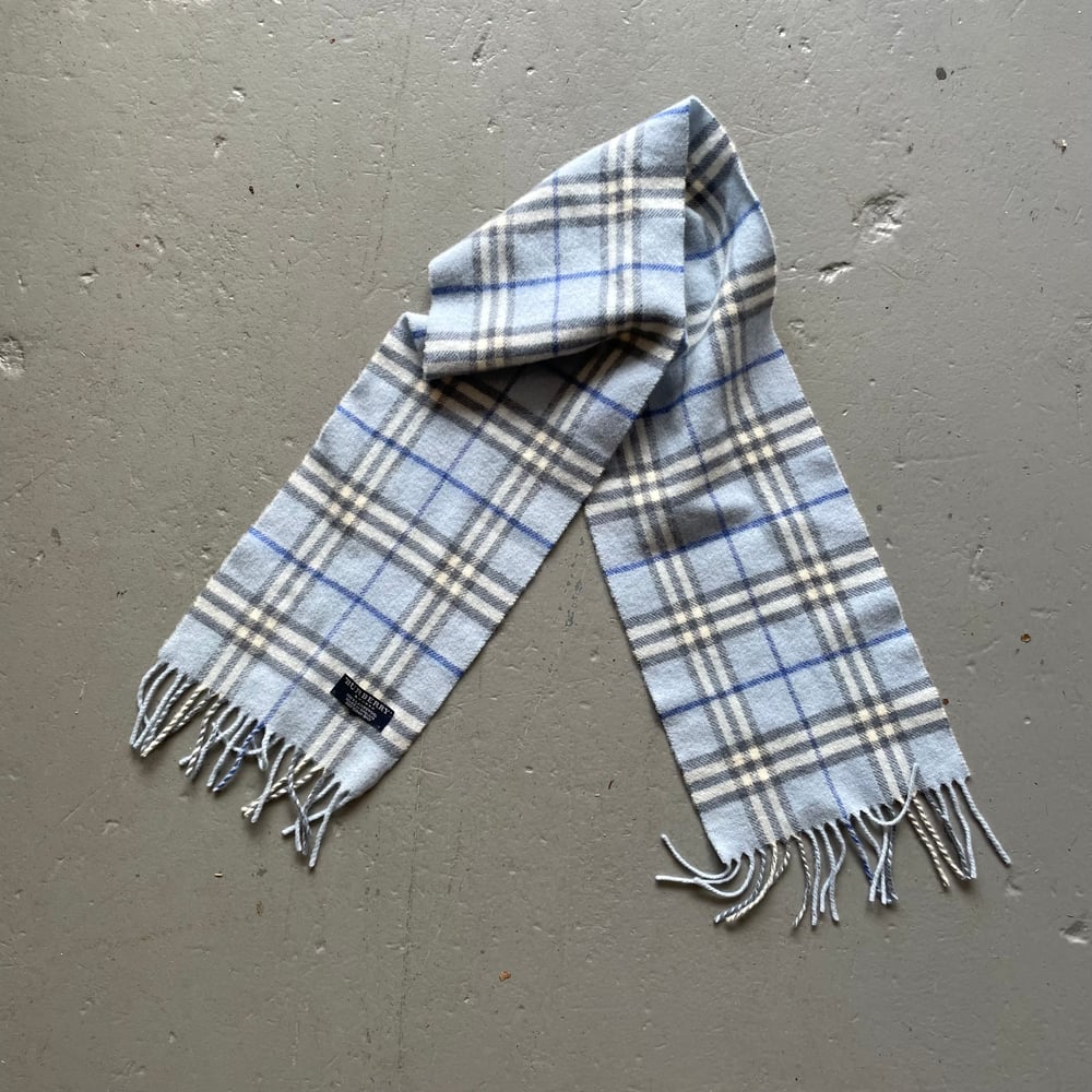 Image of Vintage Burberry Classic House Check Lambswool Scarf Baby Blue 