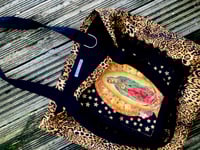 Image 5 of Virgin of Guadalupe leopard shoulder tote bag with vintage black lace trim