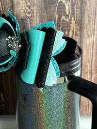 Image 2 of Black and Teal Crown Tumbler Straw Topper Bow