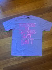 Image 2 of ‘Enemies’  purple T Shirt with pink text (XL)