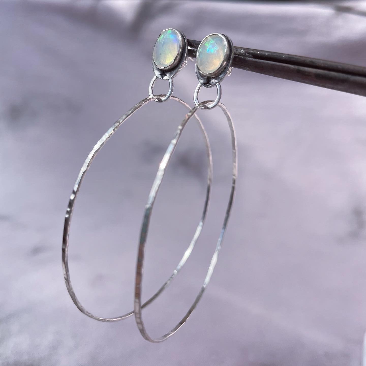 Image of Handmade Sterling Silver Opal Hoop Earrings 