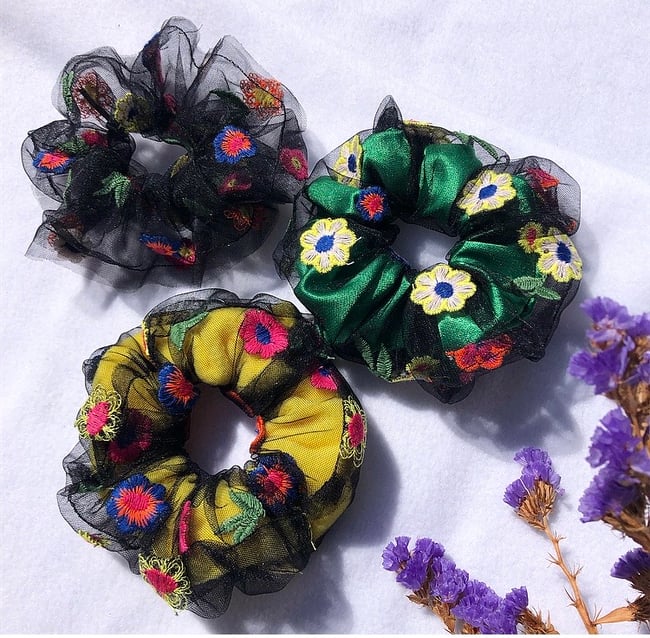 Multiple Colours* Black Mesh Floral Scrunchie