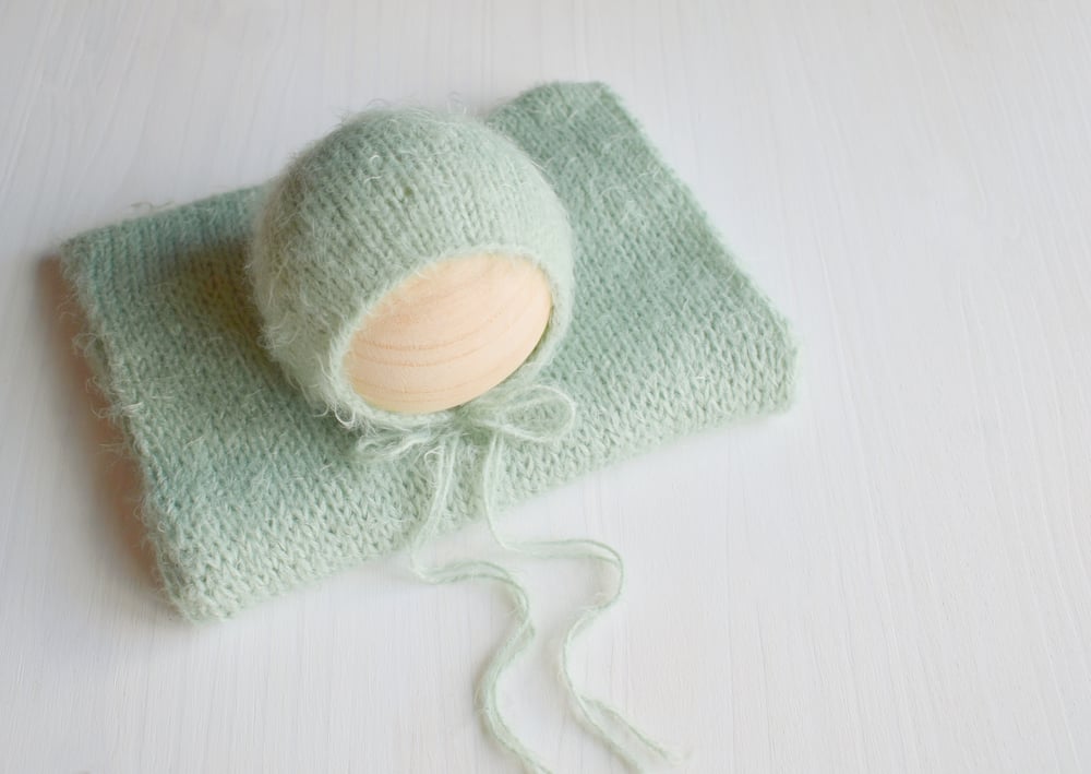Image of Sage Green Fuzzy Knit Bonnet & Wrap
