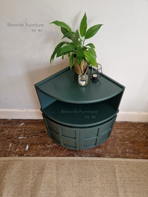 Image of Nathan Corner Drinks Cabinet in Bottle Green with Copper legs