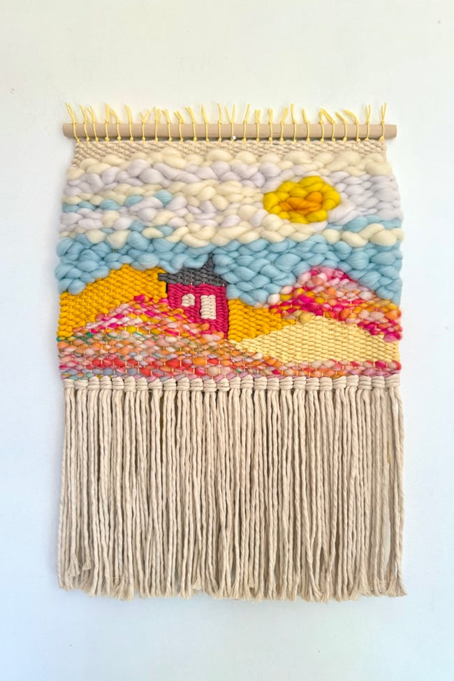 Little Pink House & Sunshine. Woven Wall Hanging.