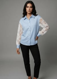 Image 1 of Pinstripe & Lace Sleeve Button-Up Blouse