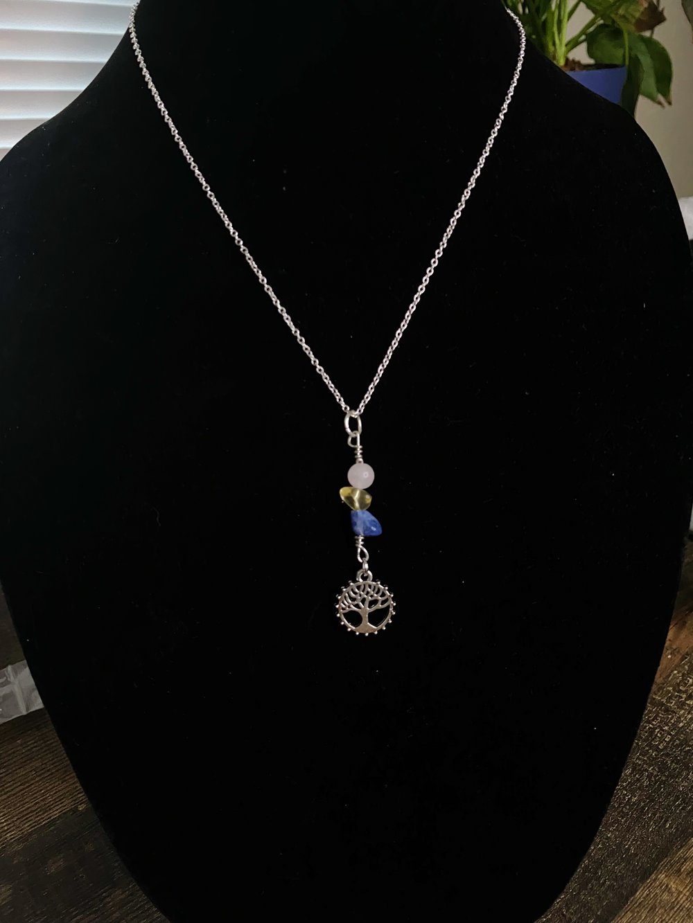 Image of Pansexual Pride Necklace w/ Tree of Life, Rose Quartz, Citrine, & Sodalite