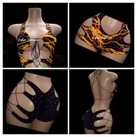 Image 4 of Rhinestone Lightning Print Bodysuit & Romper- Crystal Cutout Clubwear Set 