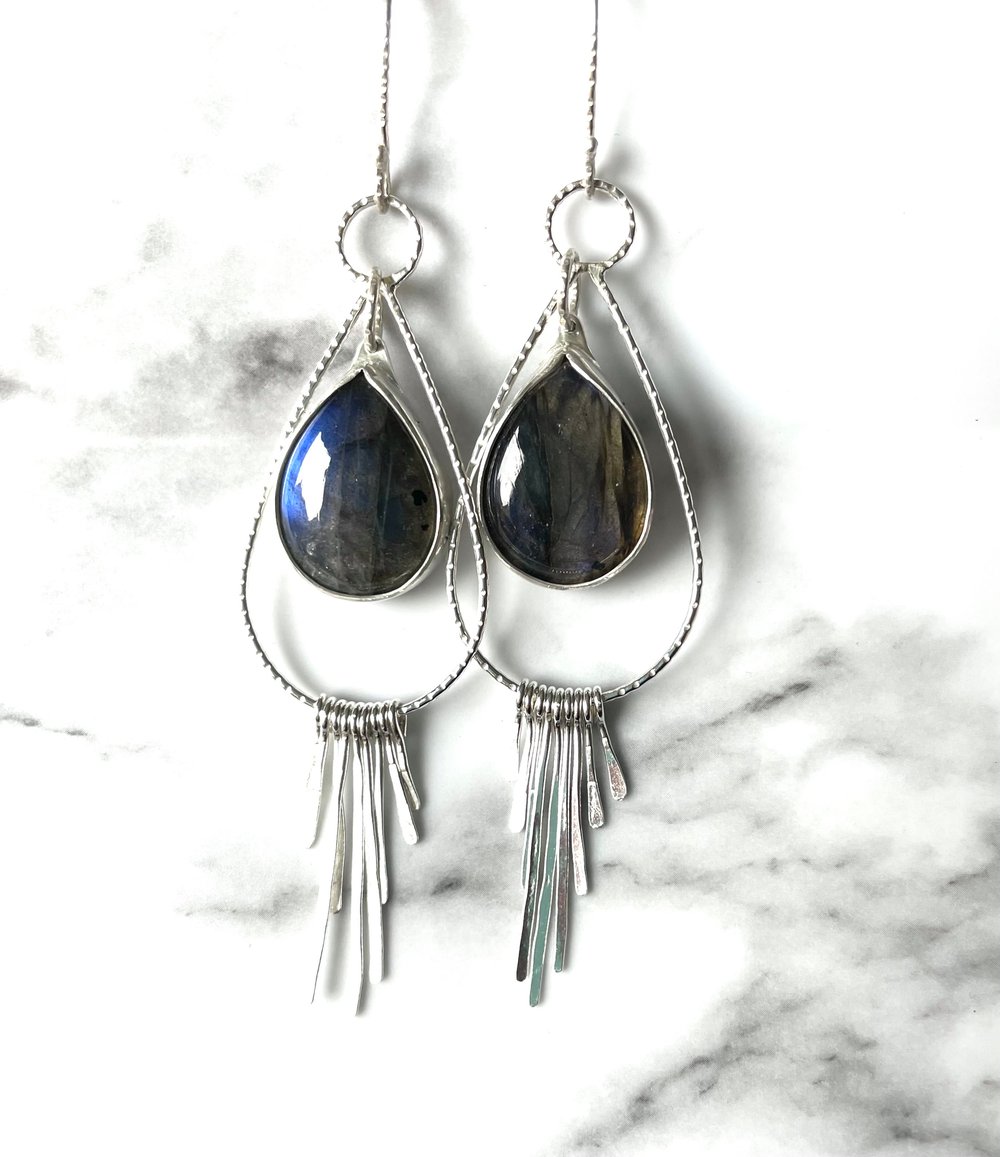 Handmade Sterling Silver Dangly Tassel Blue Labradorite Earrings 925
