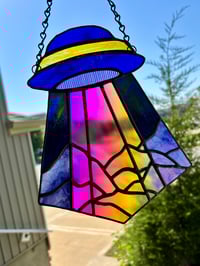 Image 1 of Stained Glass UFO Suncatcher – Dichroic Beam Handmade Hanging Window Art