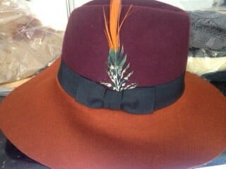 Image of Wide Brim Fedora,Burgundy and Orange w/Single Feather 