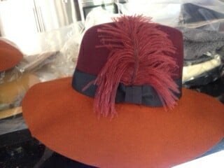 Image of Wide Brim Fedora,Burgundy and Orange w/Single Feather 