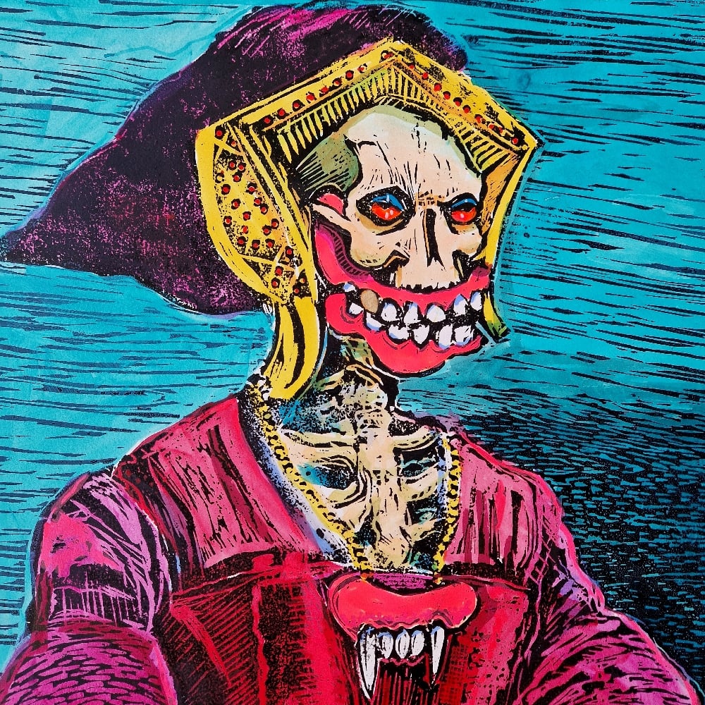 crimson Dame (Embellished Woodcut Artist proof) Teal