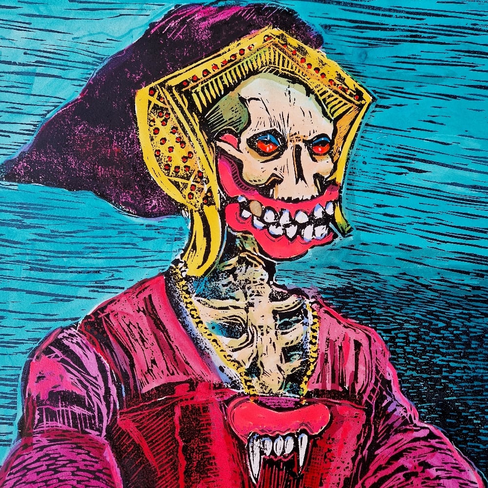 crimson Dame (Embellished Woodcut Artist proof)  Teal