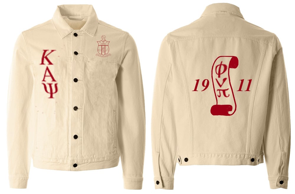 Image of Cream/Crimson Jean Jacket KAPSI LETTERS front PHI NU PI SCROLL BACK