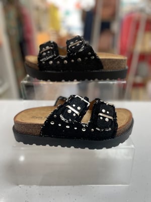 Image of Black Denim Double Buckle Studded Slider