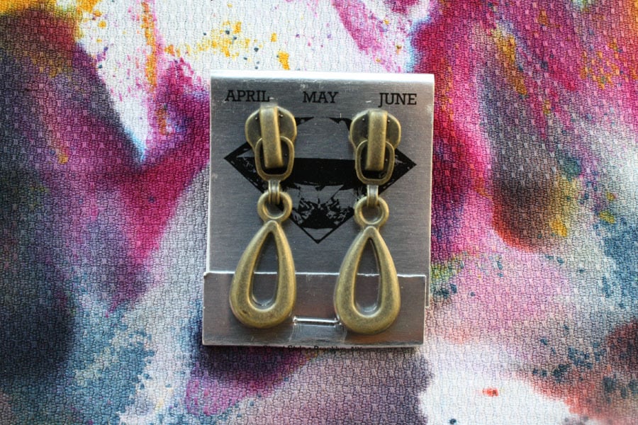 Image of Brass Patina Drops, Zipper Pull Earrings