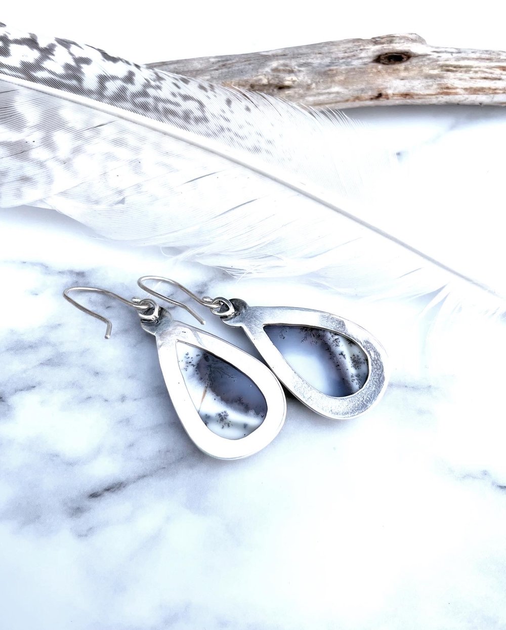 Handmade Sterling Silver Dentritic Agate Dangly Teardrop Earrings 925