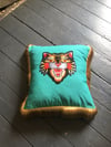 Turquoise Tiger With Gold Fringe Cushion