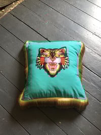 Image 1 of Turquoise Tiger With Gold Fringe Cushion
