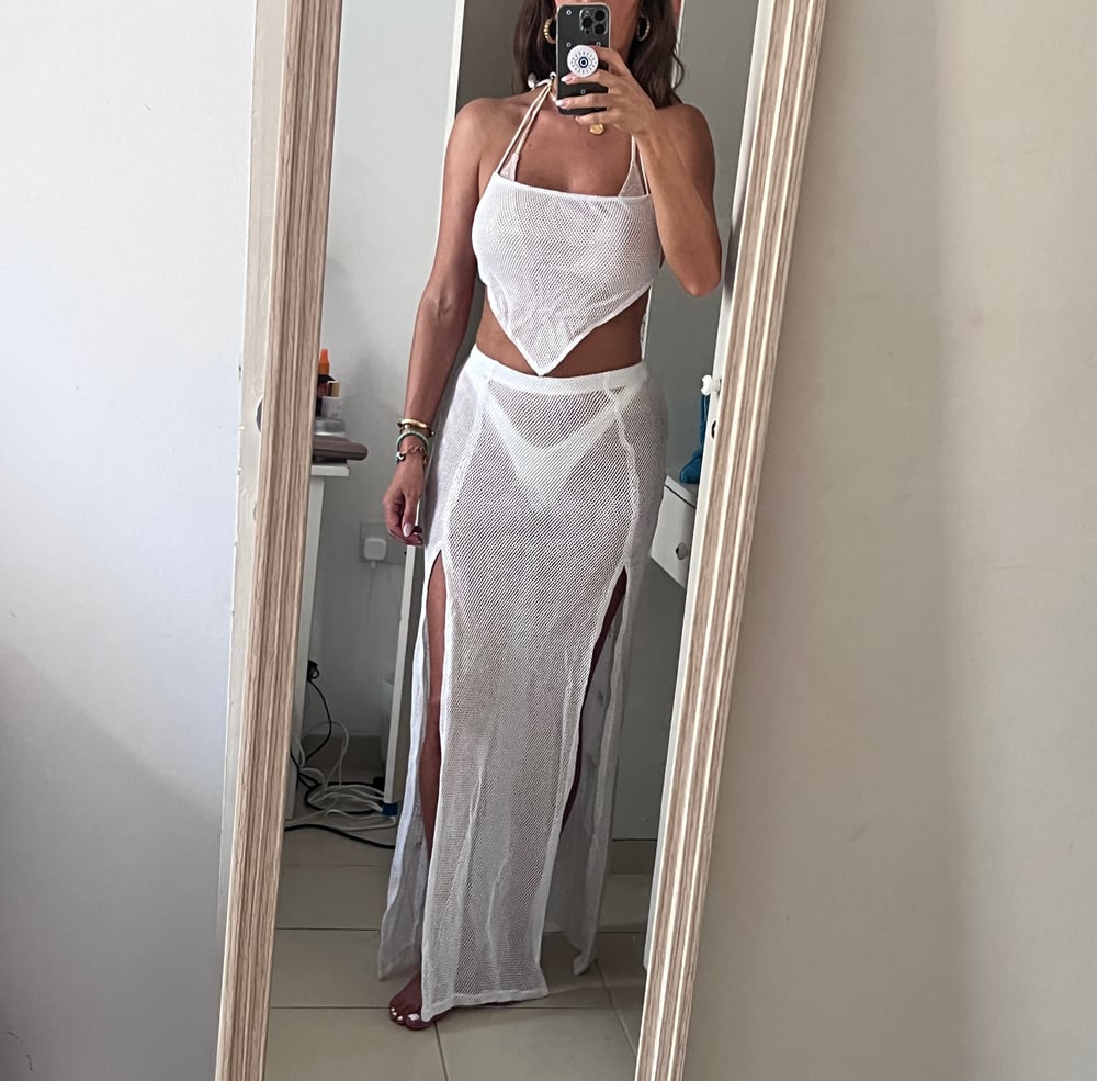 Image of Hanky Hem Split Maxi Beachwear Set In White Net