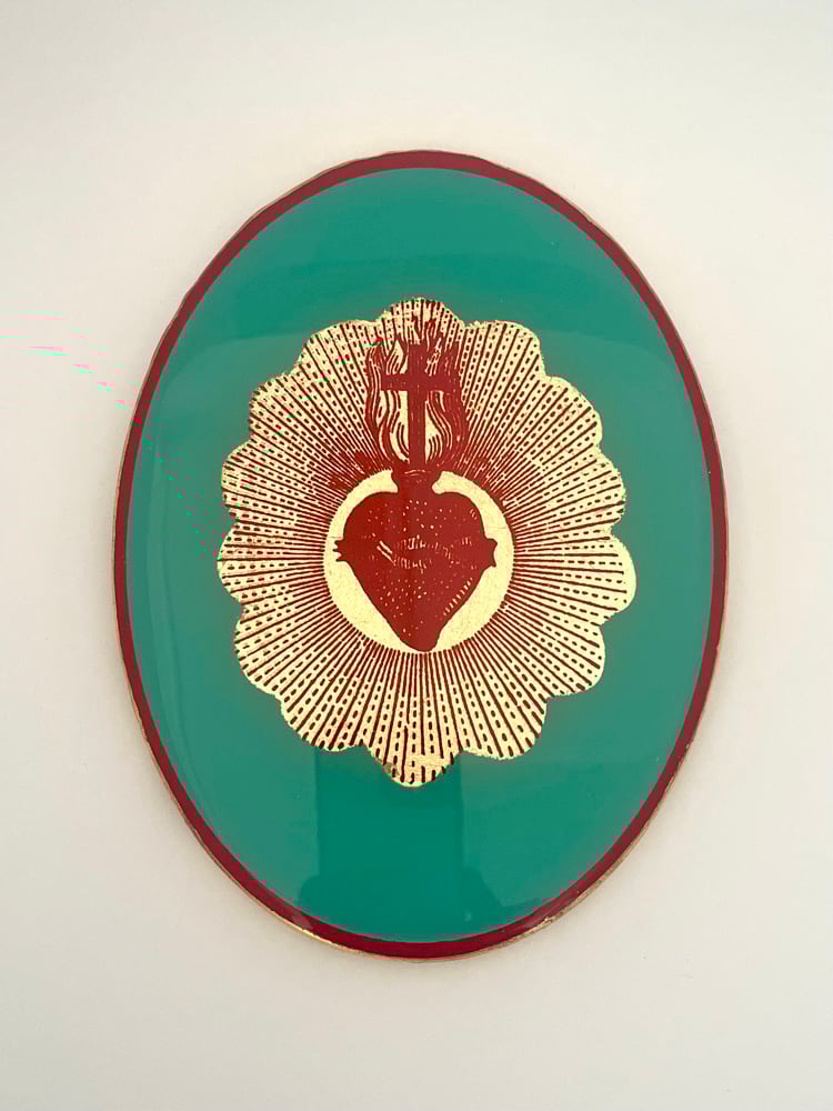 Image of Sacred Heart Oval Aqua/Gold leaf 20cm