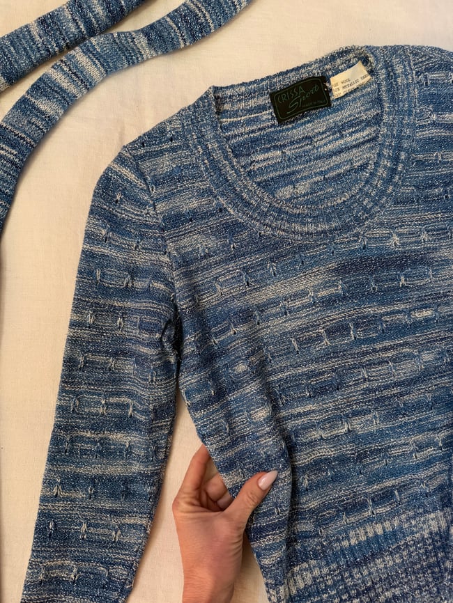 late 1960s Italian wool and lurex scoopneck knit sweater and sash belt scarf 