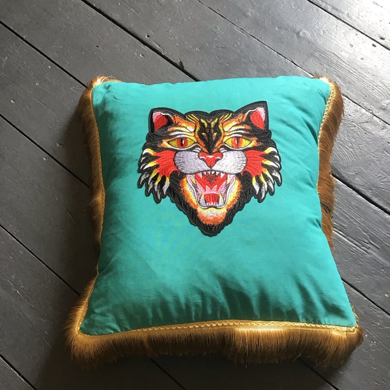 Turquoise tiger cushion cover with gold fringe Image 5